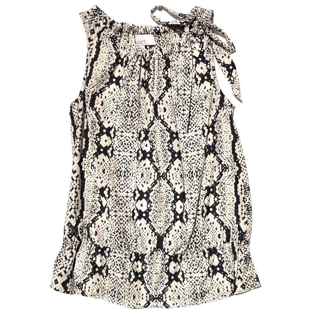 Ann Taylor LOFT snake print blouse tank top women XS peplum tie bow animal print